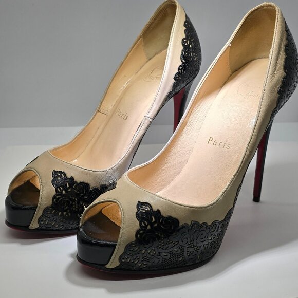 Christian Louboutin Two Tone Laser Cut Lace Patent And Leather Veramucha Peep To - Picture 1 of 11